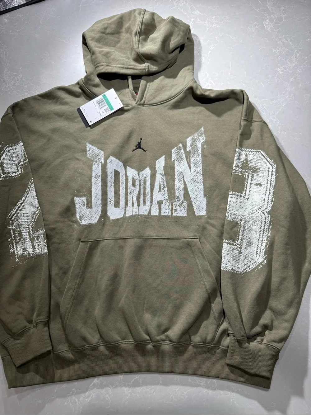 Jordan Olive Hoodie with White Logo & Sleeve Numbers
